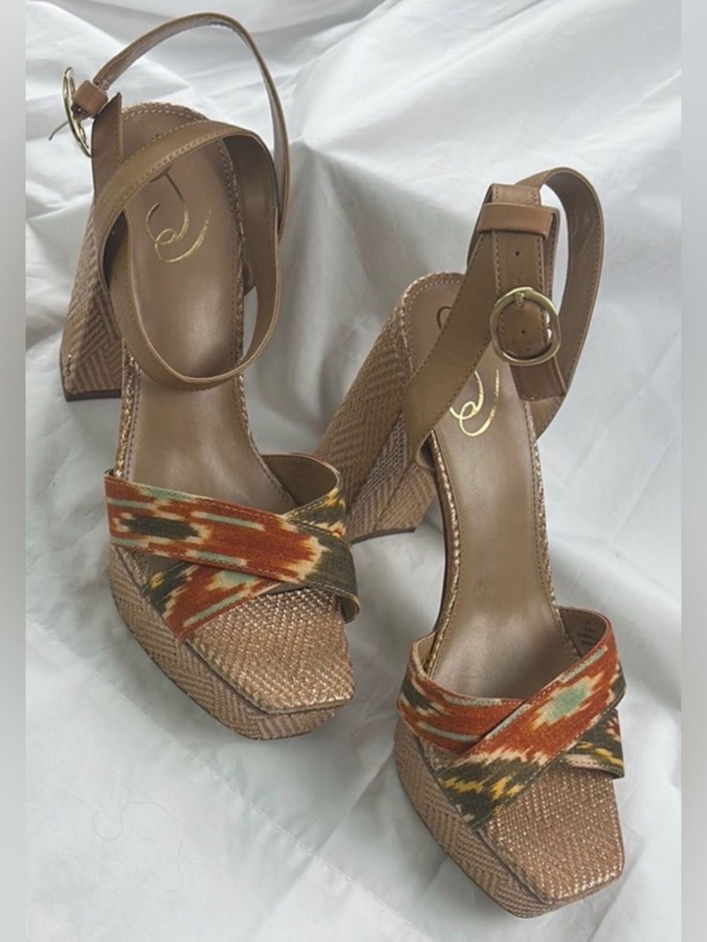 Sam Edelman Brown and Orange Wedge Sandals with Braided Straps